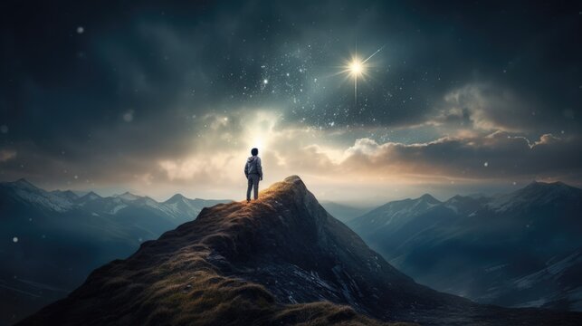 A man standing on top of a mountain looking at the stars