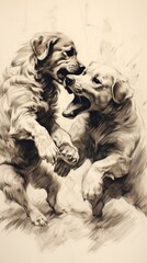 A drawing of two dogs playing with each other
