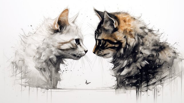 A painting of two cats facing each other