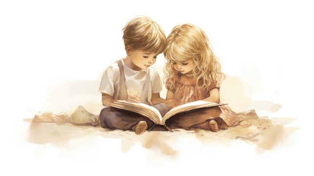 A painting of two children reading a book