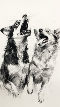 A drawing of two dogs with their mouths open