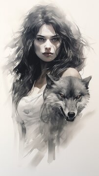 A painting of a woman and a wolf