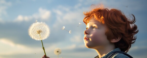 A young boy blowing a dandelion in the wind. Generative AI.