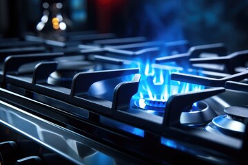 Blue kitchen gas stove flame in kitchen black cast iron - obrazy, fototapety, plakaty