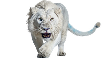 Obraz premium a White Lion in-motion, front view, in an isolated and transparent PNG in an Endangered Wildlife-themed, photorealistic illustration. Generative ai