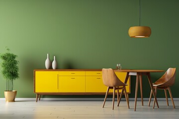 Interior design of modern dining room, wooden table and yellow chairs against green wall with sideboard, 3d rendering | Generative AI
