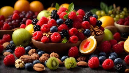 Selection of healthy food. Various fruits, berries, nuts and seeds