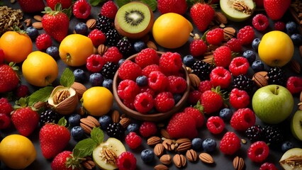 Selection of healthy food. Various fruits, berries, nuts and seeds