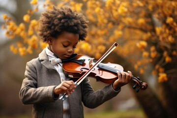 A young boy playing a violin in a park. Generative AI. - obrazy, fototapety, plakaty