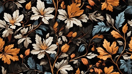 Seamless pattern with artistic flower pattern on black background