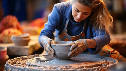 a young woman molding the clay on a potter‘s wheel