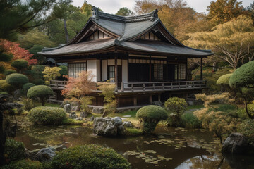 Japanese House with a Japanese Garden. Generative AI
