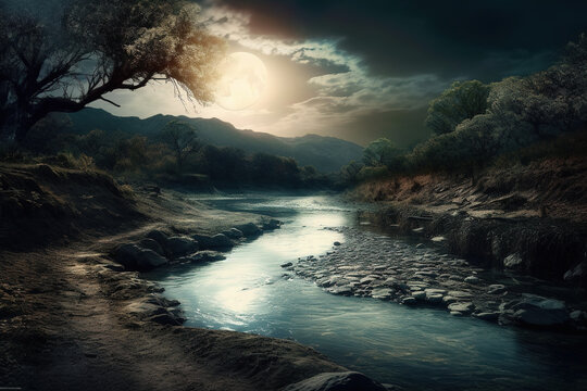 The river with the moon. Bizarre landscape conceptual visual art natural fantasy art. Generative AI