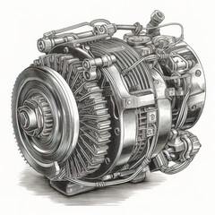 Hand drawn illustration of alternator in engraved style isolated on white background. Generative Ai