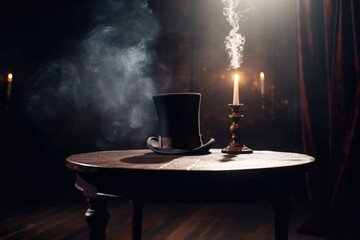 Magic show. Top hat on a table. Dark and mysterious atmosphere. Generative AI