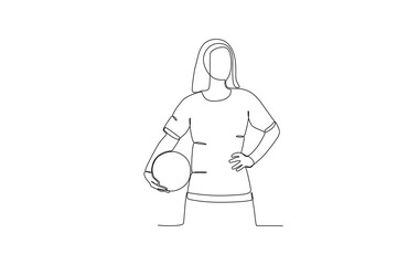 A female athlete holding a football. Women's world cup one-line drawing