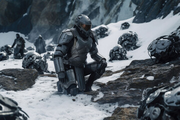 Warrior in the metal armor in the snow. Fantasy knights in winter snowy landscape. Generative AI