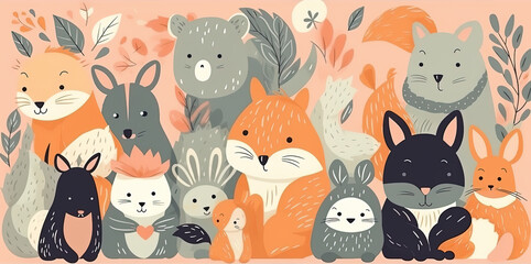 Baby hand drawn design for textile, posters, cards. Baby animals pattern. Fabric baby design. Illustration with cute animals. Generative AI