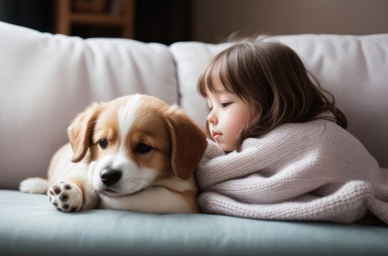 Illustration A girl and a puppy playing on the sofa inside the house.Generative AI