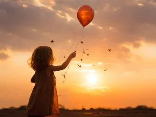 Gordijnen A child releases a balloon into the sky, a gesture of hope © Dawid