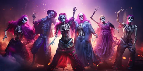 Foto op Plexiglas illustration of skeletons which dancing on Halloween party © zamuruev