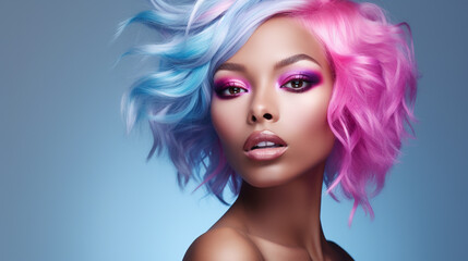 Naklejka premium Portrait of beautiful model with pink blue hair for an advertisement for cosmetics brand. Trend for individuality and freedom to do what you want with your appearance.