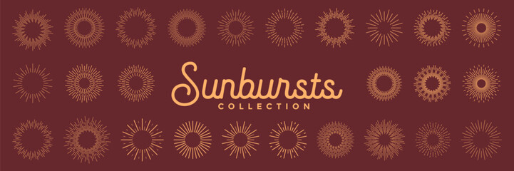 Sunburst set. Sunburst icon collection vector.Retro sunburst design.Vintage sunburst collection. Bursting golden sun rays. Fireworks. Logotype or lettering design element. Vector illustration