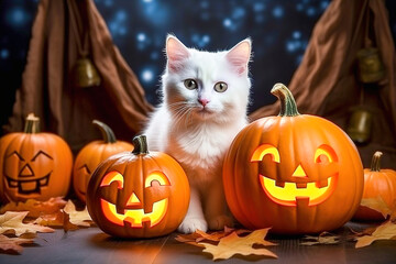 White kitten playing with pumpkins, halloween holiday concept