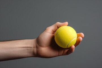 hand holding tennis ball on gray background
