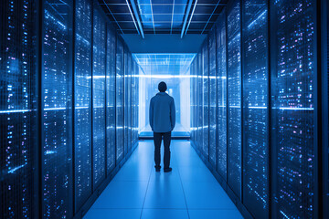 Man standing in a corridor of servers