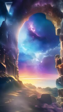 Glittering galaxies swirl around an interdimensional doorway. Beneath a crackling sky the portal opens to reveal a new world of exploration and possibility.