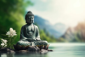 buddha statue on a rock lakeside natural spa background