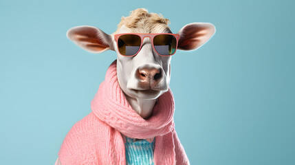 Portrait of a funny animal with sunglasses and trendy wards on a blue pastel background. Abstract animal concept