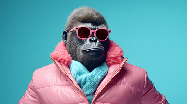 Portrait of a funny animal with sunglasses and trendy wards on a blue pastel background. Abstract animal concept