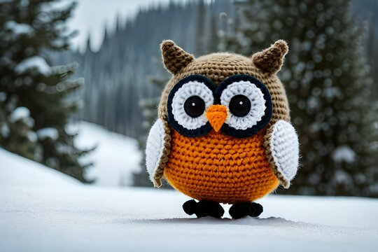 knitting wool owl in the snowy landscape