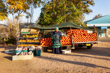 african street vendor in the village on the side of the road, selling fruits, oranges, bananas,...