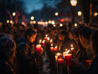 A crowd gathers for a candlelit vigil surrounded by patriotic flags
