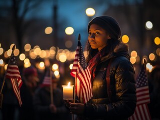 A crowd gathers for a candlelit vigil surrounded by patriotic flags