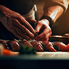 Illustration. The hand of an experienced Japanese chef is making sushi arranged on a plate. Ready to serve.Generative AI - obrazy, fototapety, plakaty
