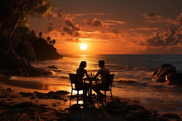 Romantic couple having dinner at sunset by the sea.