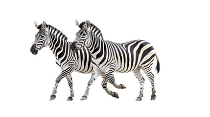 two Zebras running together, side view in a Wildlife-themed, photorealistic illustration in a PNG, cutout, and isolated. Generative AI