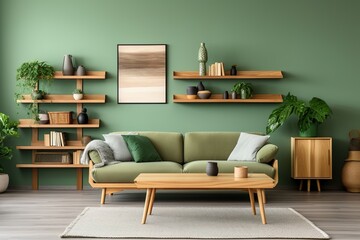 Wooden and green living room interior with shelves and poster | Generative AI