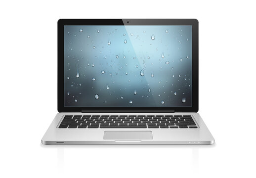 High detailed realistic vector illustration of modern laptop with water drops wallpaper on screen isolated on white background