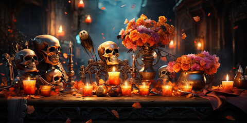 illustration of skeletons which sitting at the Halloween table with pumpkins