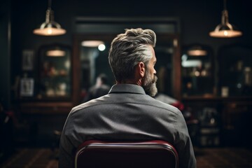 Obraz premium Back view of young graying man in a barbershop. Concept beauty and care for men. Generative Ai