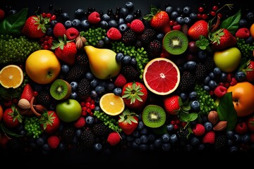 top view of fresh fruits, vegetables and berries on black background | Generative AI