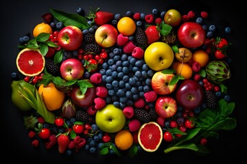 Naklejka na ściany i meble top view of fresh fruits, vegetables and berries on black background | Generative AI