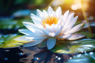close-up of a beautiful white water lily blossom in sun - obrazy, fototapety, plakaty