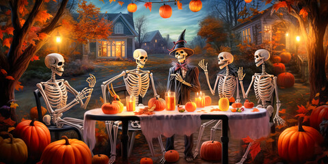 Naklejka premium illustration of skeletons which sitting at festive table and celebrating Halloween. Halloween party