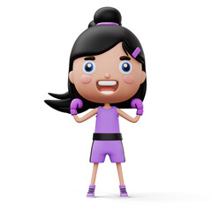 Happy child boxer, fighter girl with boxer glove, kid character, 3d rendering